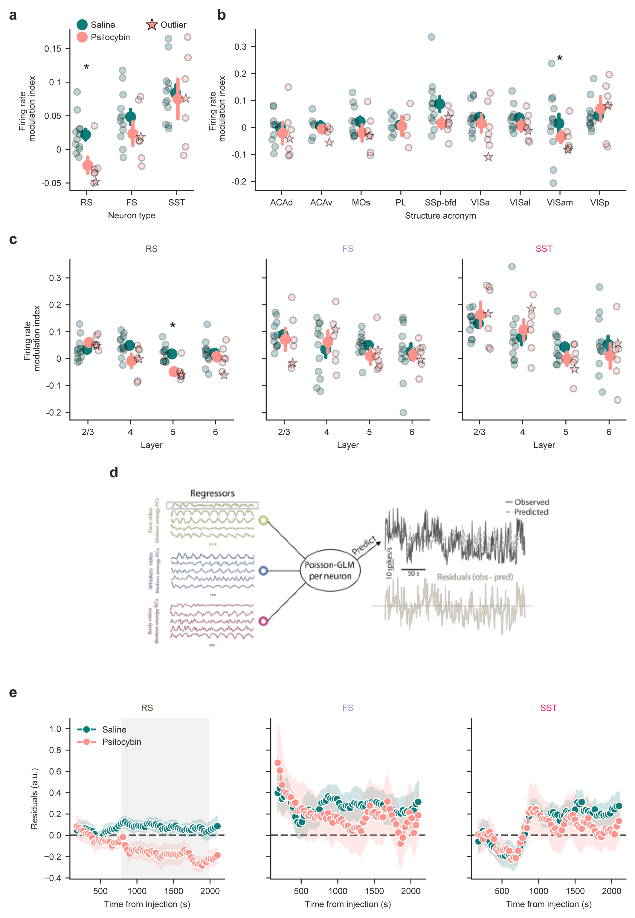 Psilocybin decreases activity in cortical RS neurons